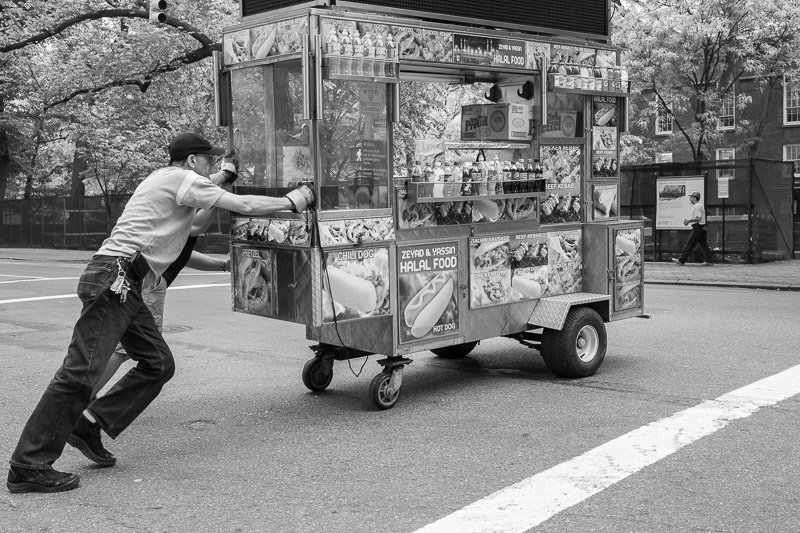 Pushing a food cart across 5th Avenue.