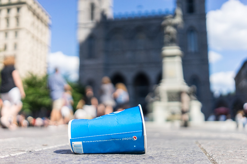 Pepsi cup in front of Notre-Dame Basilica of Montreal