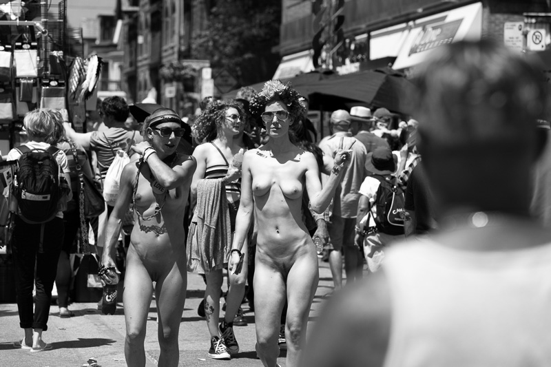 Walking naked down Church Street during Toronto Pride, 2019