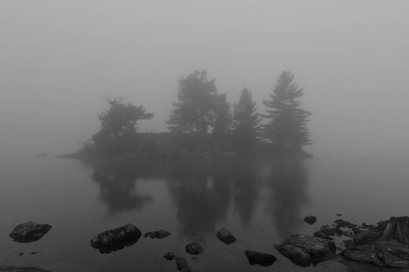 Fog shrouded island on Bob Lake