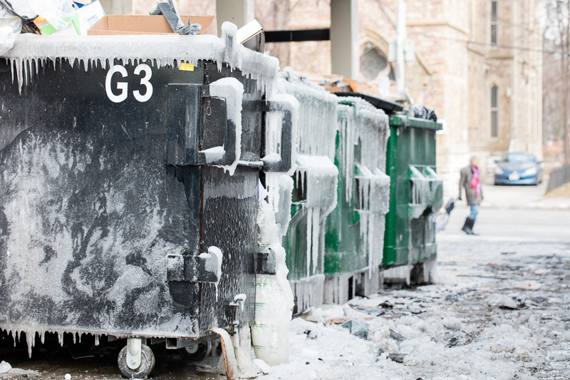 Waste bins covered in ice