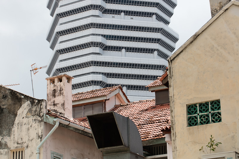 The Concourse business tower viewed over the tiled roofs of Arab Town, Singapore.