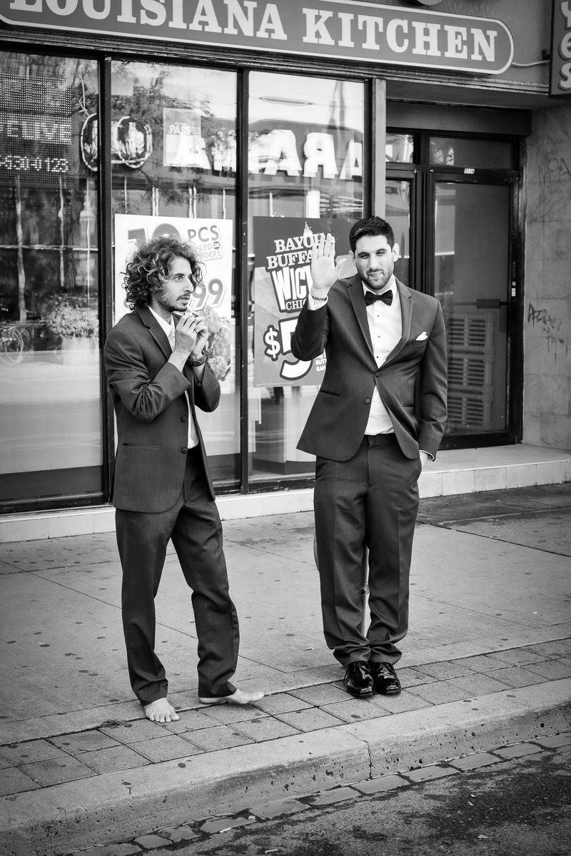 Barefoot in a suit on Bloor Street