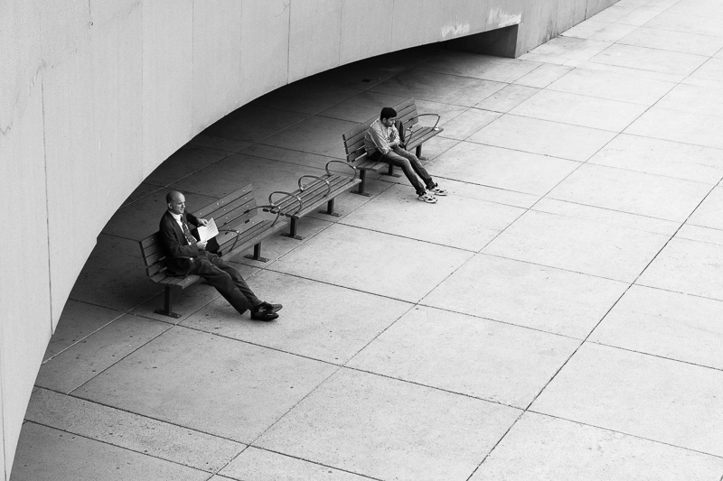 Sitting on a bench in Nathan Phillips Square, Toronto
