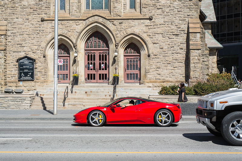Red Ferrari in front of Church of the Redeemer, Toronto