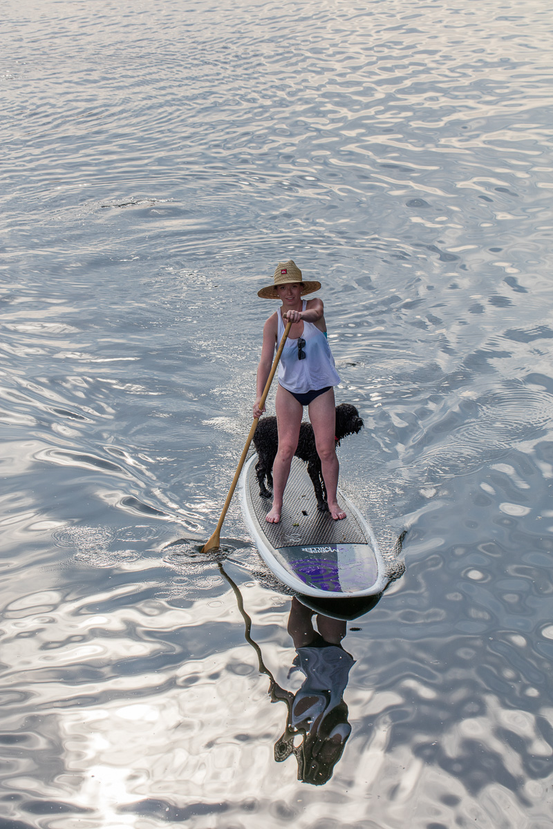 Woman with dog on paddle board