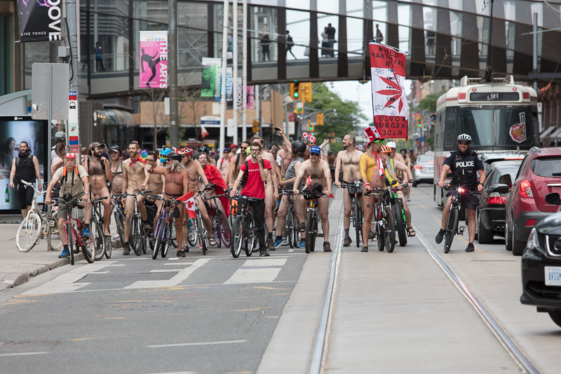 Naked cyclists on Queen Street East, Toronto