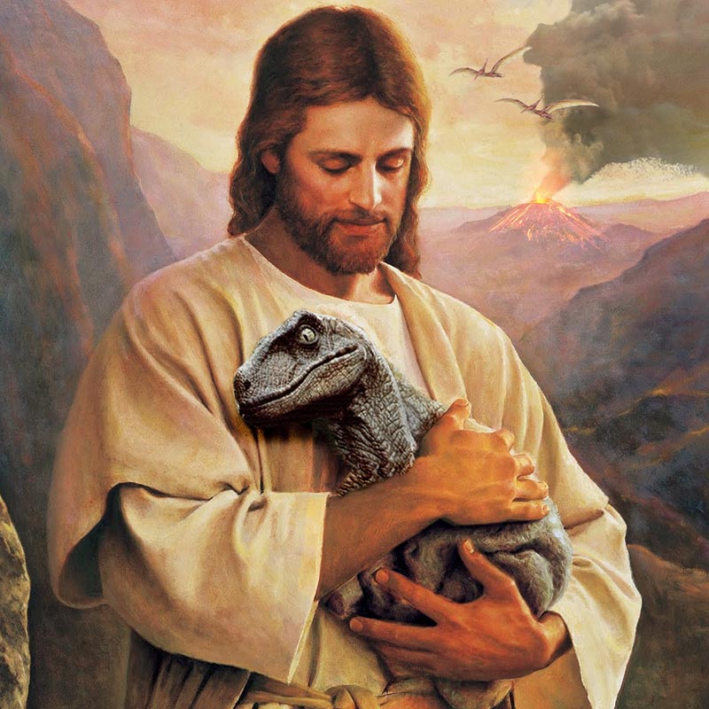 Jesus holds a dinosaur