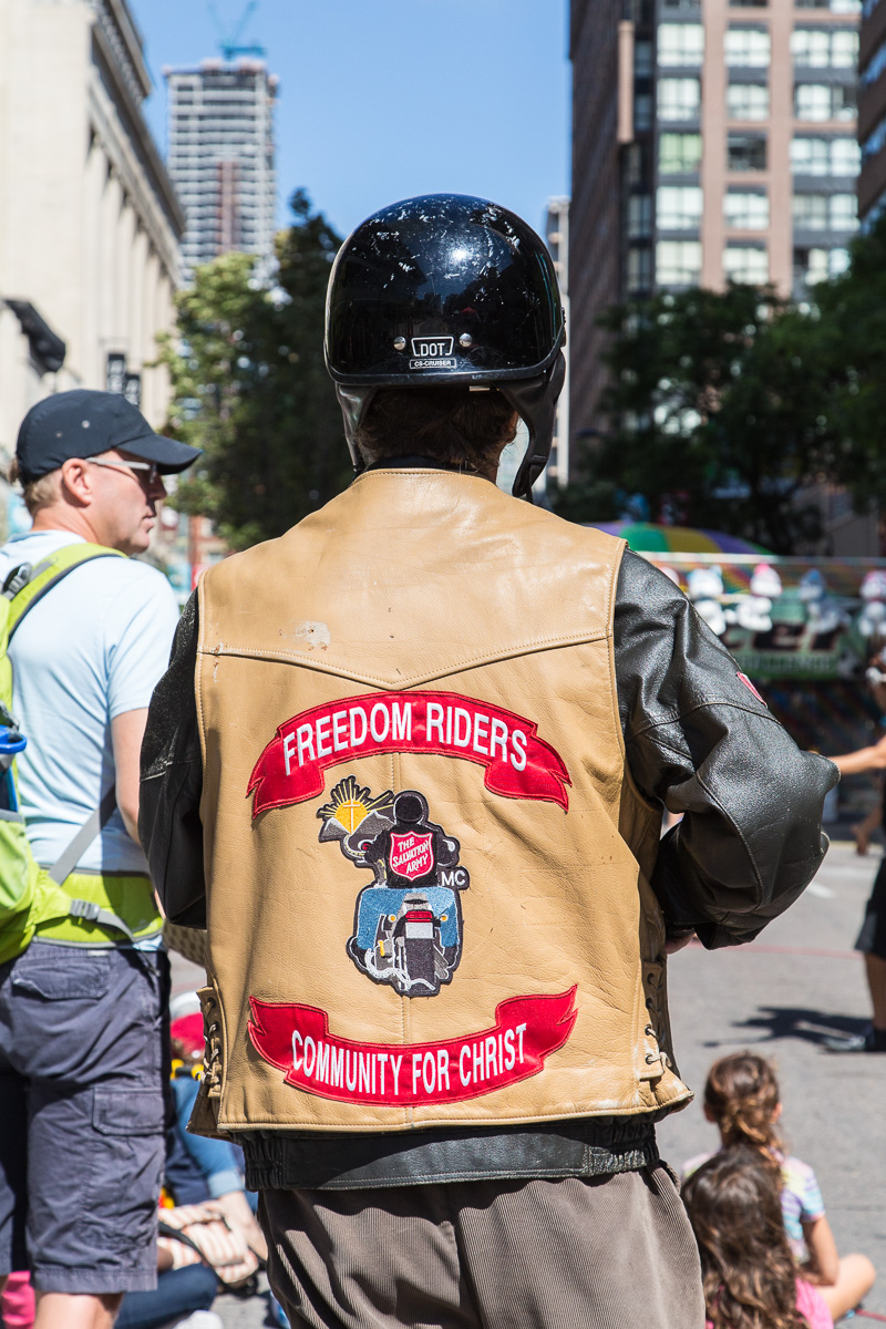 Man wears Freedom Riders jacket, Community for Christ
