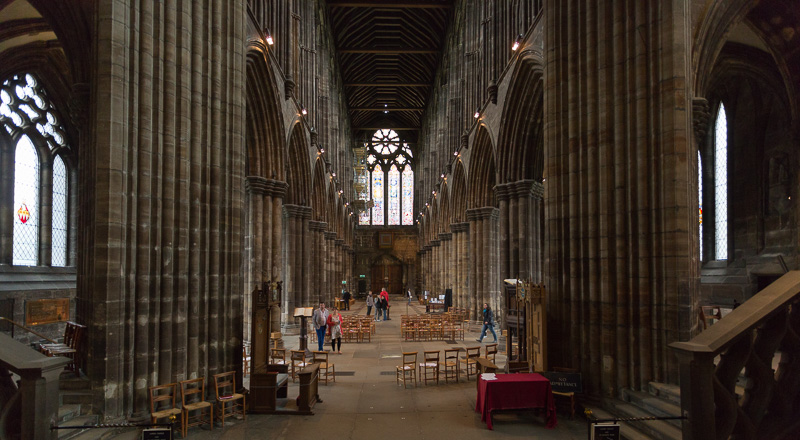 Wide view of nave of Glasgow Cathedral, with The Creation in The Great West Window