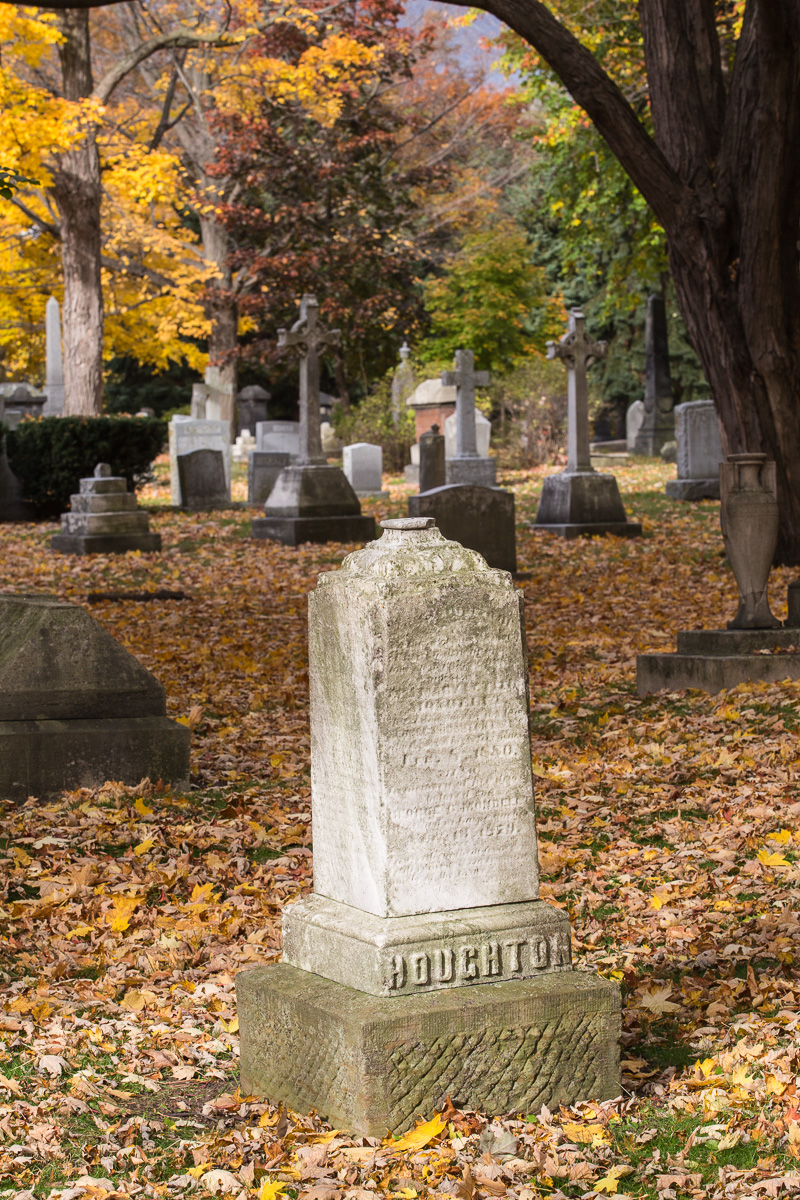 Grave stones in cemetery surrounded by autumn leaves