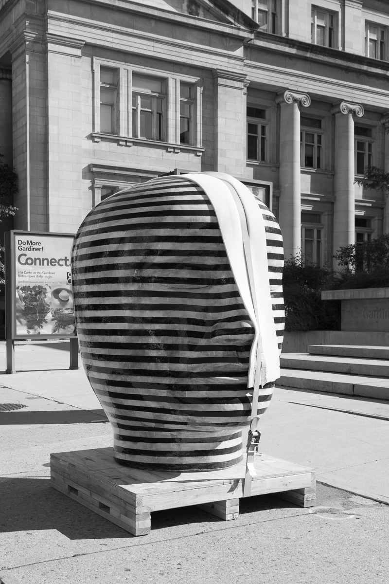 Untitled (Head) by Jun Kaneko delivered on pallet to the Gardiner Museum of Ceramic Arts