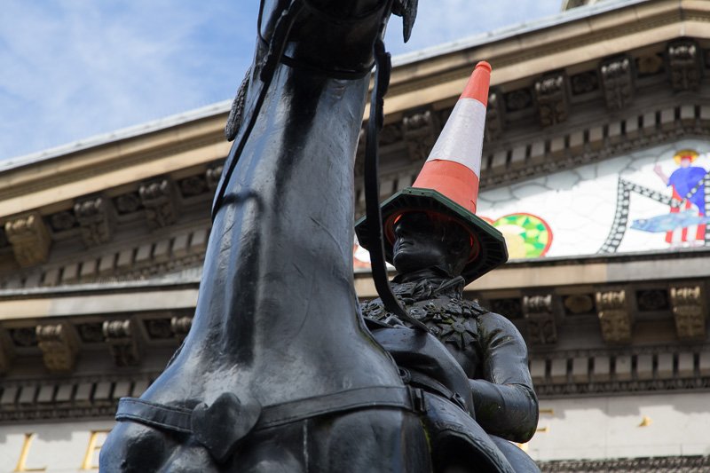 Sculpture of man on horse with pylon on his head, GOMA, Glasgow