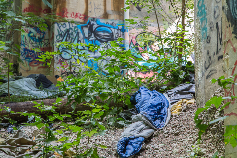 Sleeping bags under the Glen St. bridge, Toronto