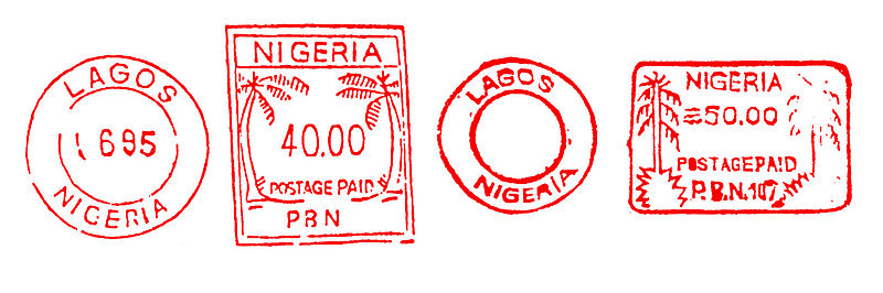 Nigeria fake meter stamps - attribution: Richard Stambaugh [Public domain]