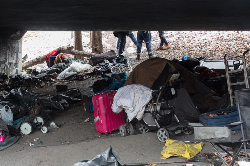 A homeless encampment under a bridge along Rosedale Valley Road, Toronto