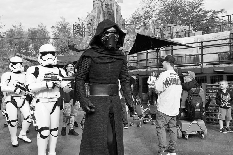 Kylo Ren accompanied by two storm troopers at the Star Wars: Galaxy's Edge exhibit at Disney's Hollywood Studios.