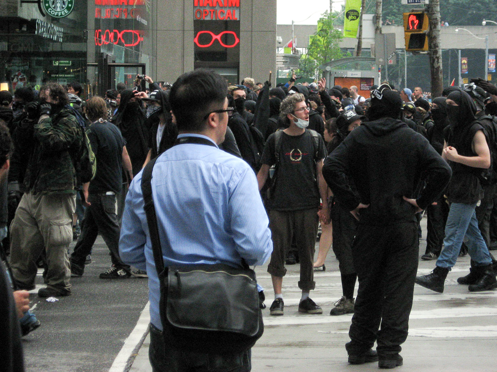 Members of the Black Bloc gather at Queen St. W. and Bay St. during the Toronto G20 Summit, June 26, 2010.