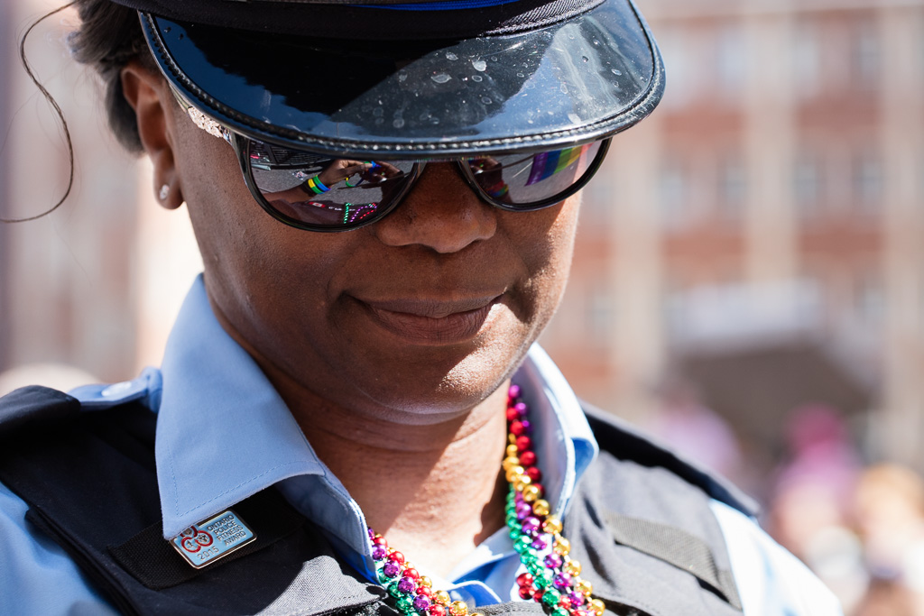 Toronto police officer wearing beads at Toronto Pride, 2016
