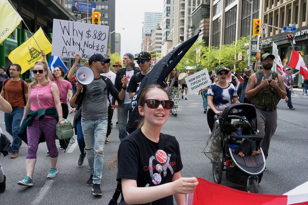 Anti-master march at the Bay/Bloor intersection in Toronto, May 15, 2021.